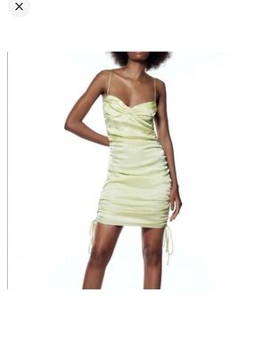 Zara Light Green Satin Ruched Spaghetti-Strap Mini Dress